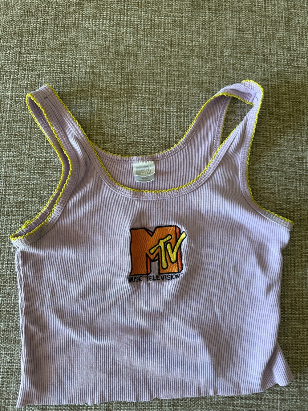 MTV Lavender Ribbed Crop Tank Top Yellow Trim Embroidered Logo M 7-9